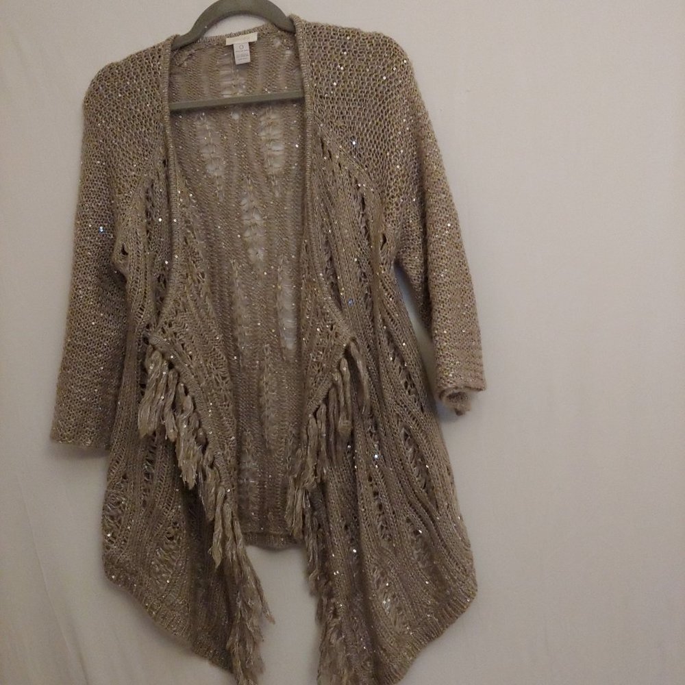Chicos Sparkly knit sweater taupe with fringe detail chico size O